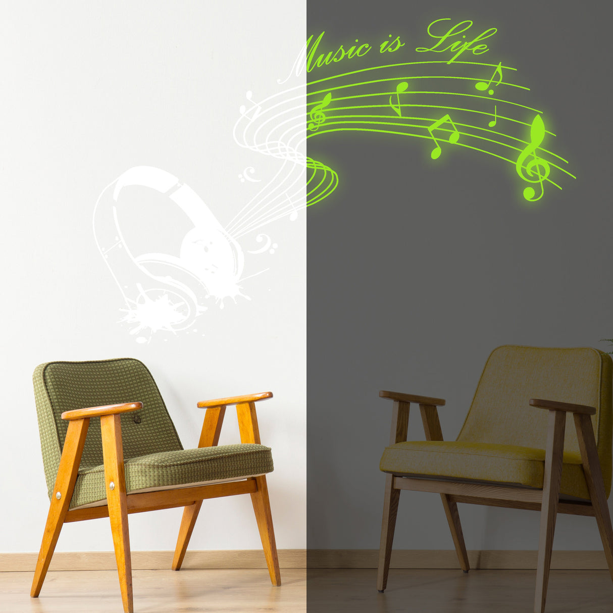 Glow In Dark Music Is Life Wall Sticker - Nigh Light Note Quote Decor Art Vinyl Decal