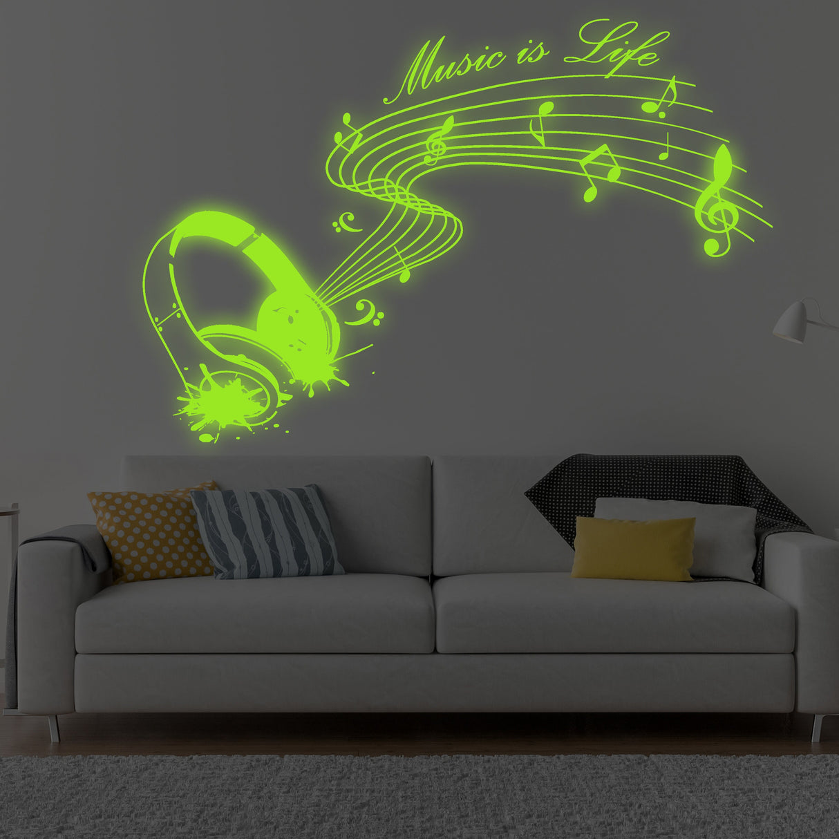 Glow In Dark Music Is Life Wall Sticker - Nigh Light Note Quote Decor Art Vinyl Decal
