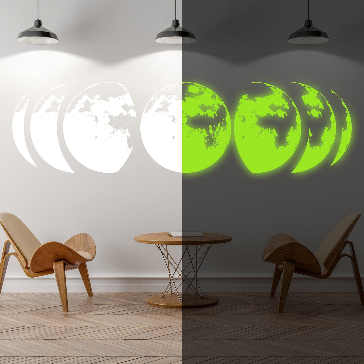 Bright glowing moon phase wall stickers that illuminate at night and appear white during the day.