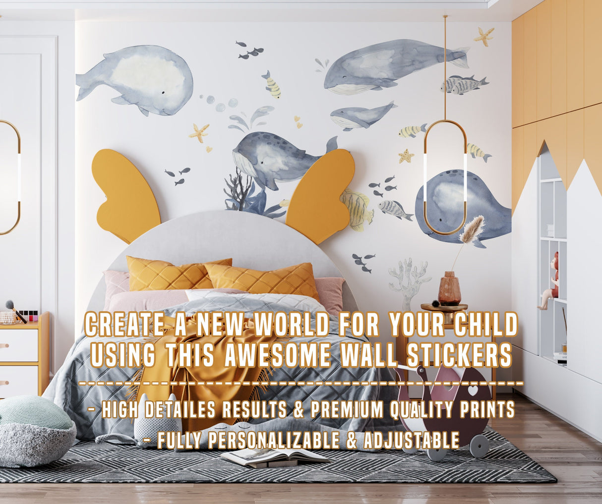 Ocean Whales Wall Sticker For Kids Room Decor - Fish Theme Baby Boy Nursery Decal