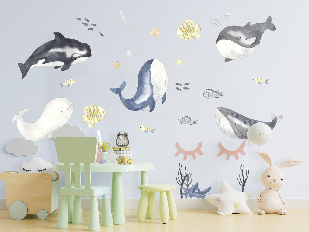 Sea Whales Wall Sticker For Kids Room Decor - The Under Ocean Life Baby Boy Nursery Decal