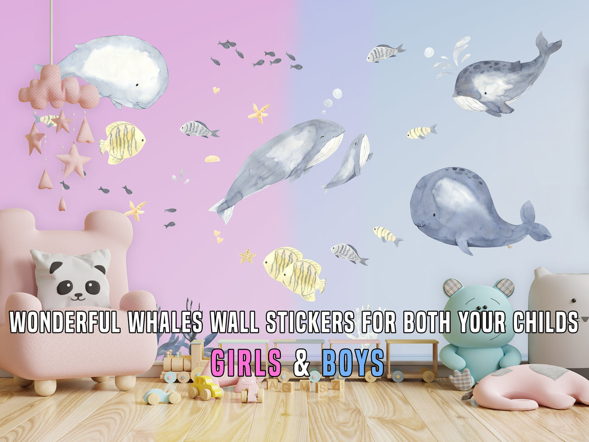 Ocean Whales Wall Sticker For Kids Room Decor - Fish Theme Baby Boy Nursery Decal