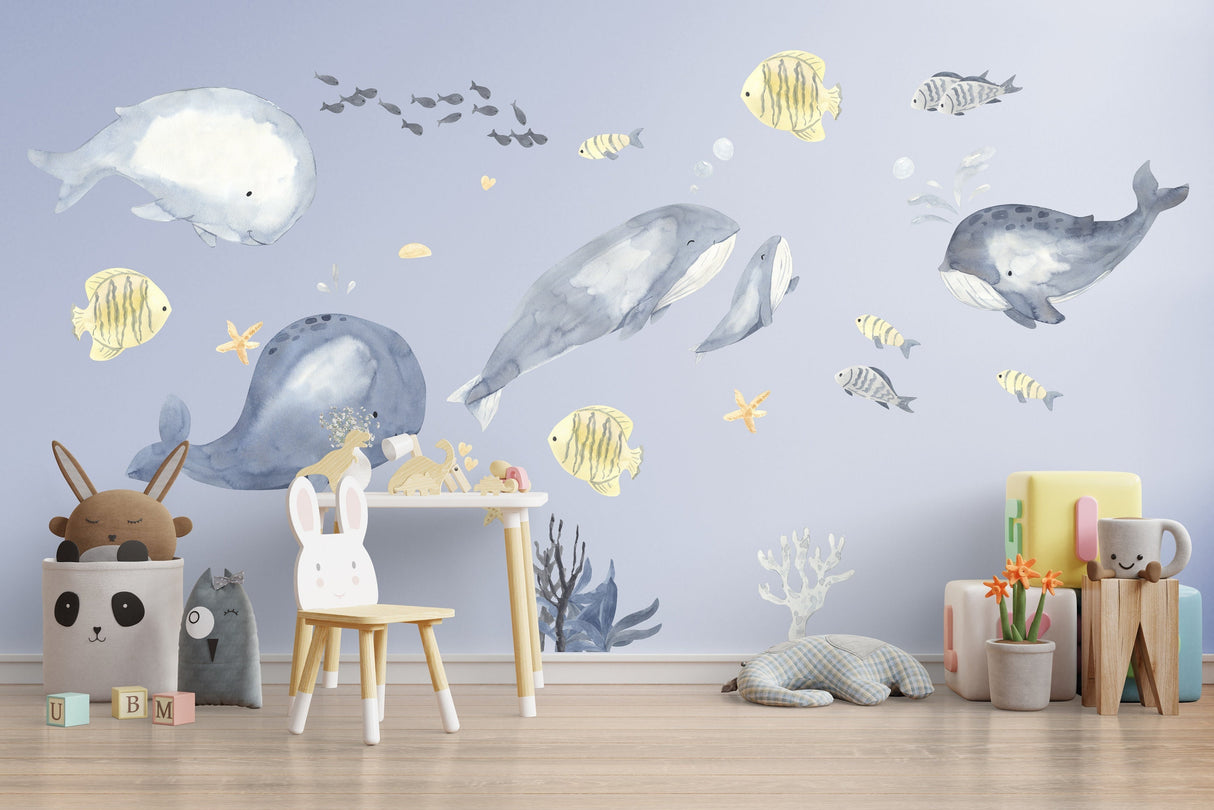 Sea Whales Wall Sticker For Kids Room Decor - Fish Theme Baby Boy Nursery Decal