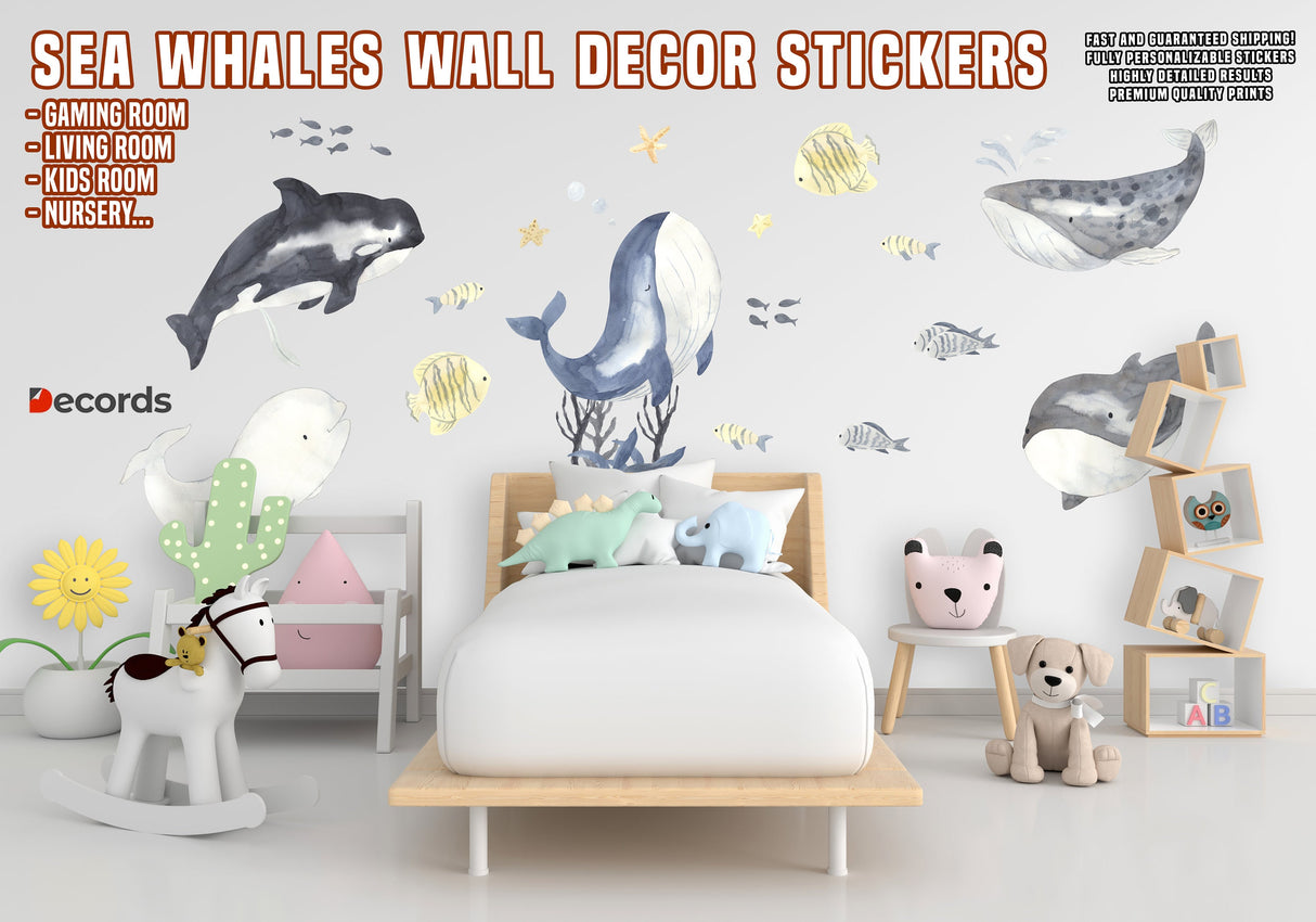 Sea Whales Wall Sticker For Kids Room Decor - The Under Ocean Life Baby Boy Nursery Decal