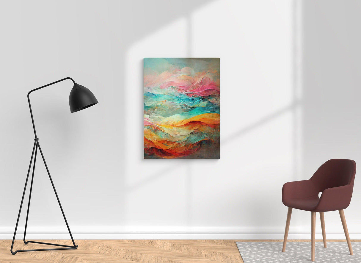 Vibrant personalized canvas wall art displayed in a modern interior with lamp and chair.
