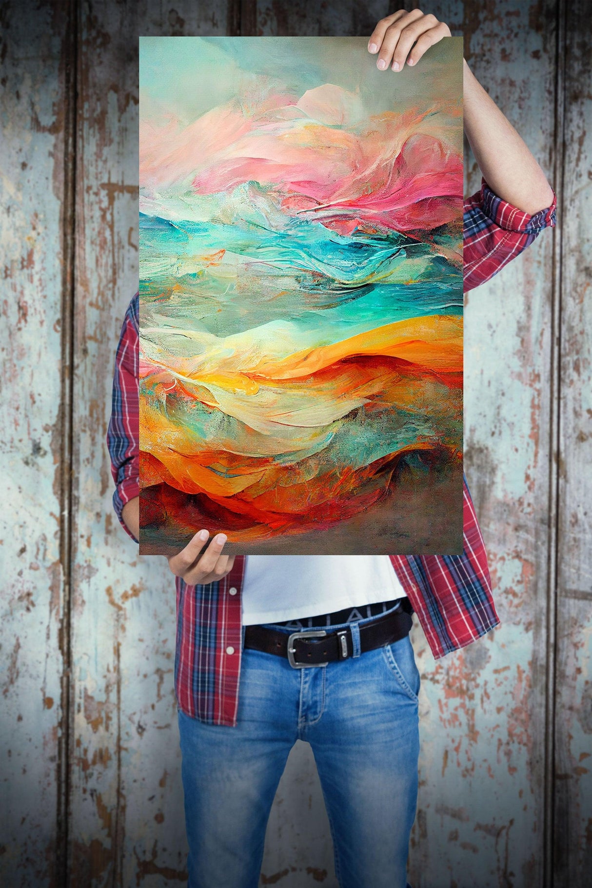 Person holding vibrant personalized canvas wall art with colorful abstract design, perfect for unique home decor.