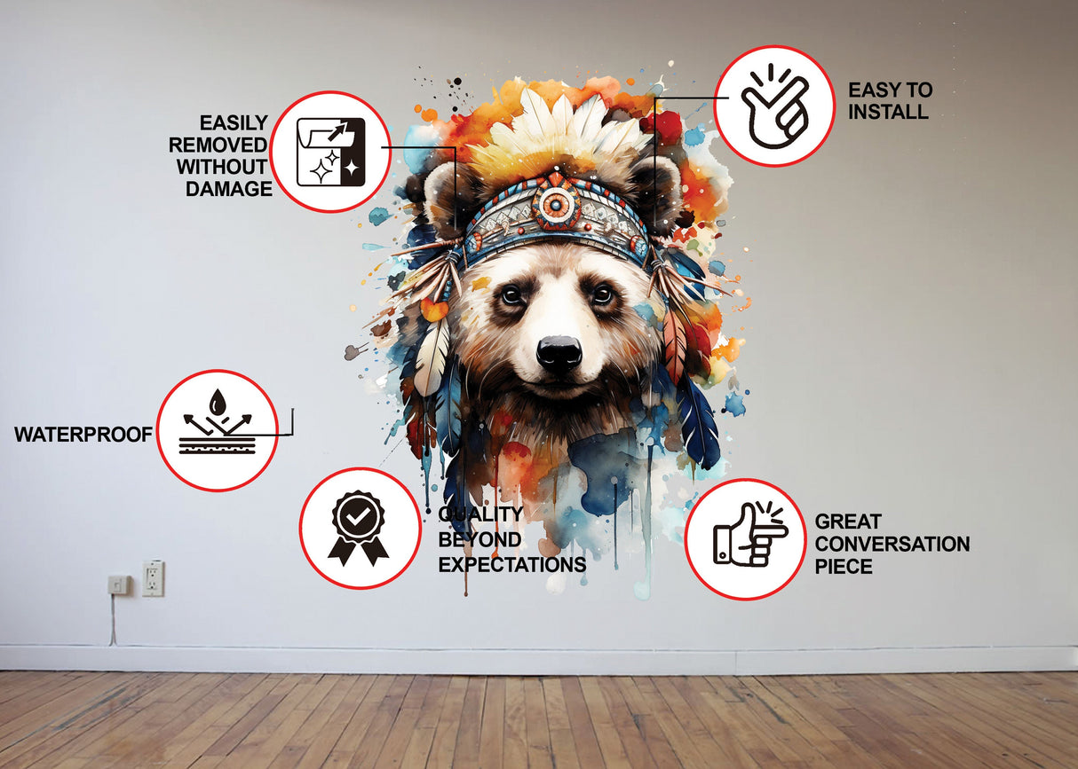 Watercolor Baby Panda Wall Decal - Panda Bear with Indian Feather Hat Nursery Sticker