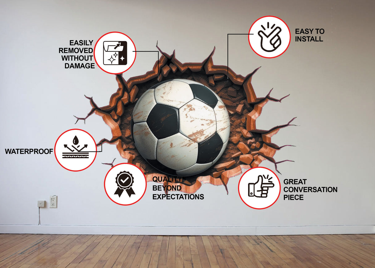 3D Football Wall Decal - Boys Room Breakthrough Sticker - Sporty Soccer Art