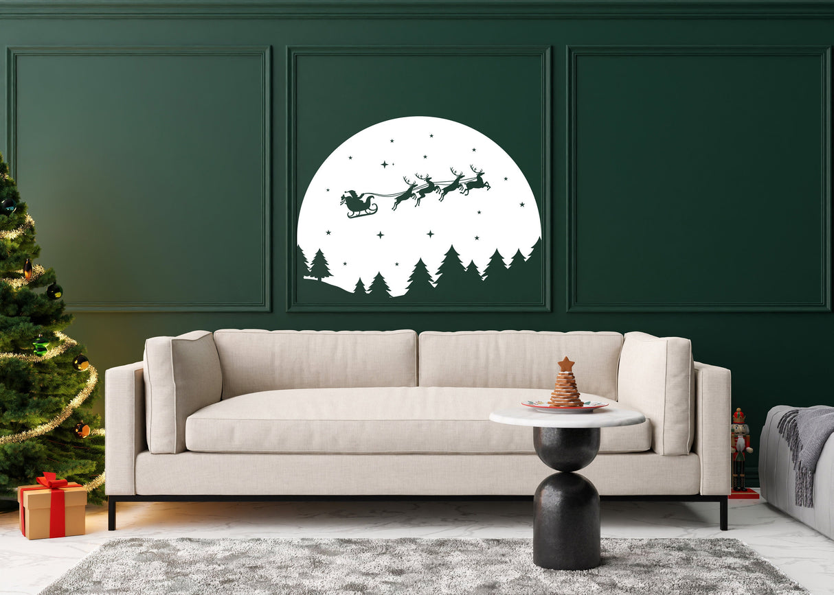 Starry Sky Santa & Sleigh with Deers Wall Decal - Christmas Silhouette Stickers