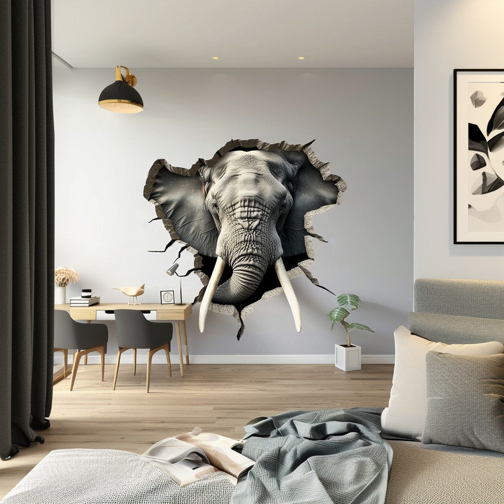 3D Elephant Wall Decal - Realistic Broken Hole Illusion Vinyl Sticker