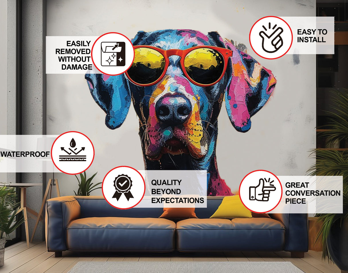 Great Dane with Sunglasses Wall Decal - Vibrant Watercolor Dog Sticker for Dynamic Room Decor
