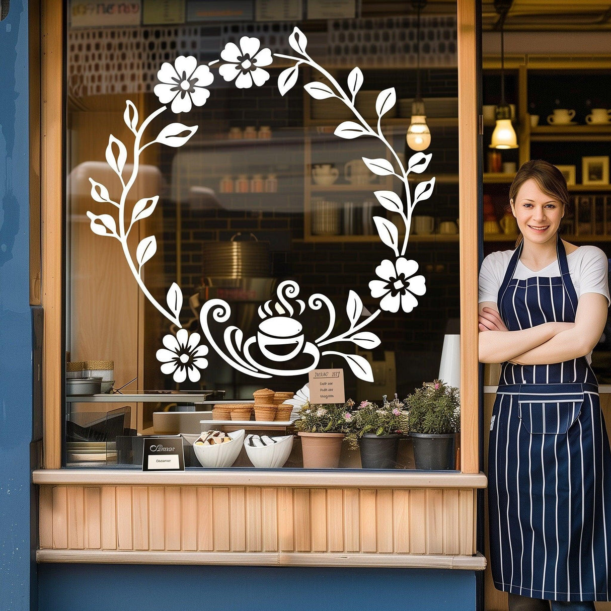 Custom business logo vinyl decal on cafe window with floral design and smiling barista, enhancing commercial branding.