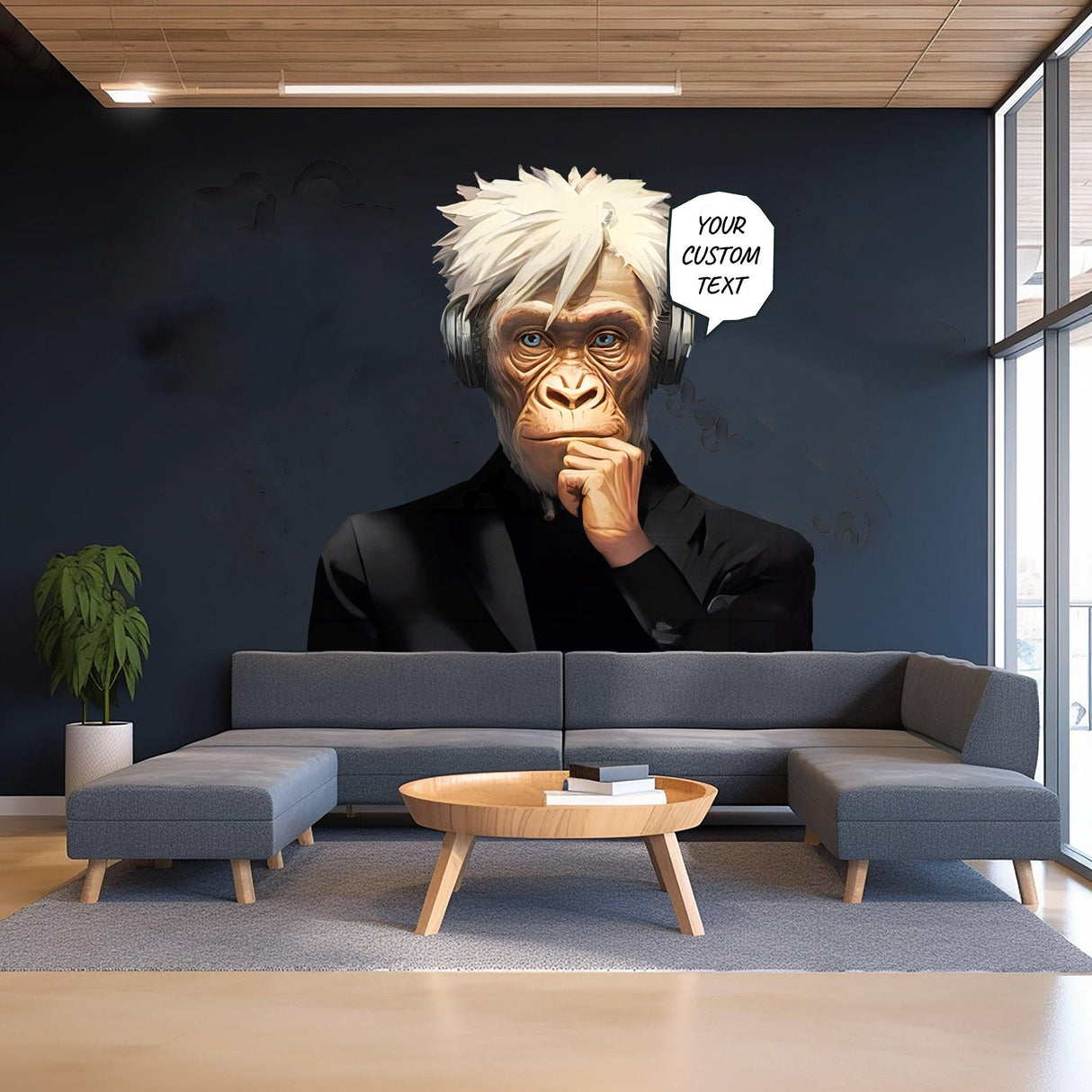 Wise Thinking Monkey Sticker wall decal featuring DJ Chimp in headphones with customizable speech bubble.