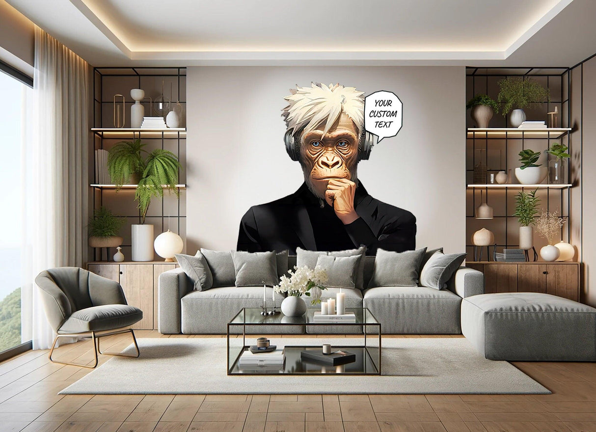 Wise Thinking Monkey sticker wall decal with customizable text in modern living room setting