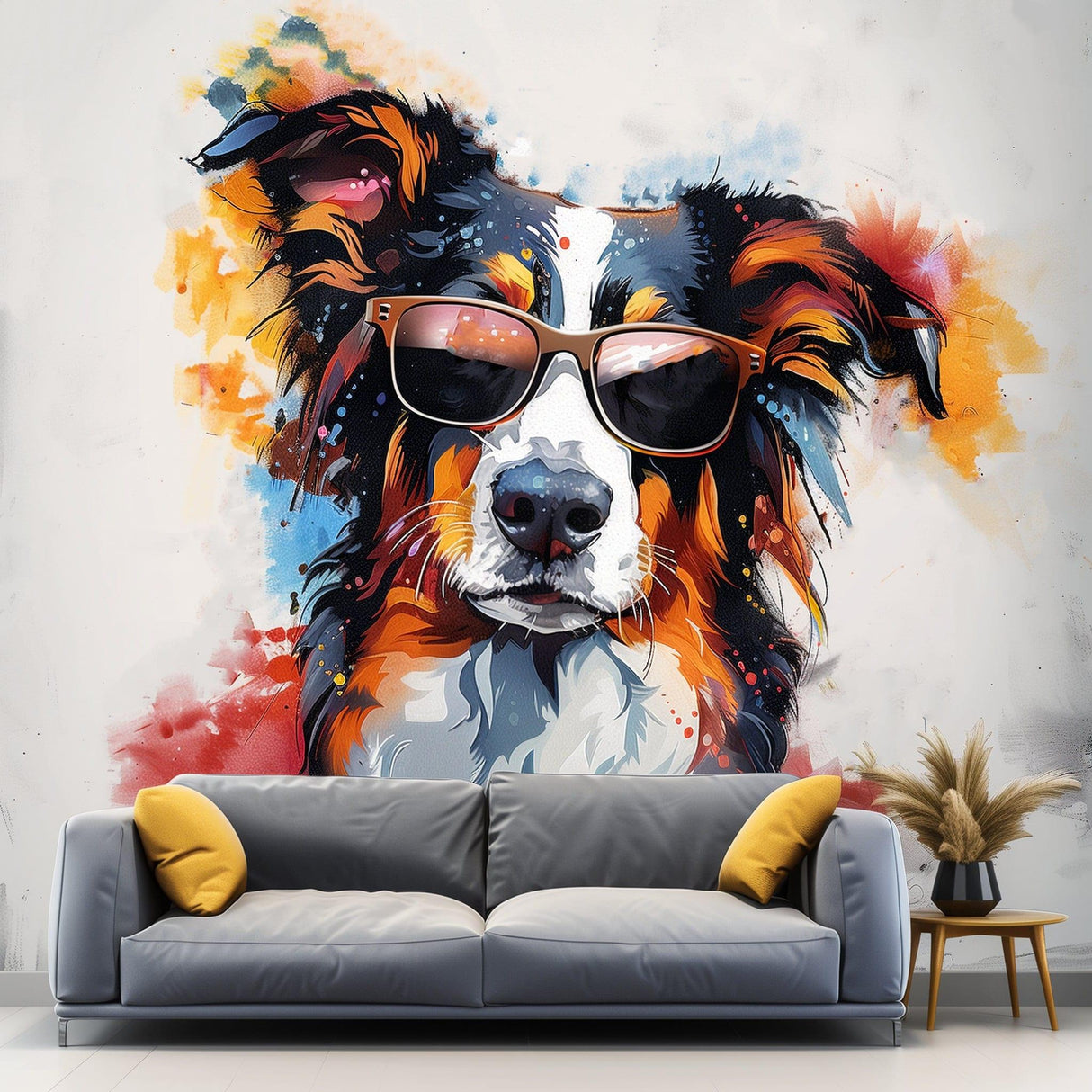Bright Australian Shepherd in shades wall decal, vibrant watercolor art for stylish home decor.