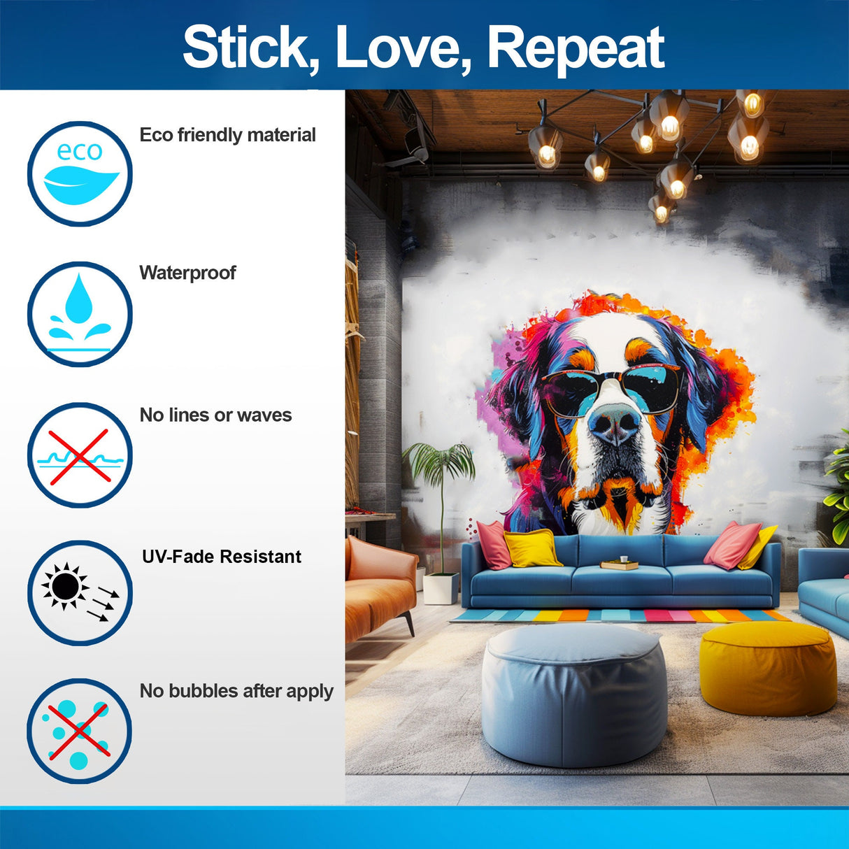 Colorful St. Bernard with Glasses Wall Decal - Bold Watercolor Bernese Mountain Dog Art Sticker