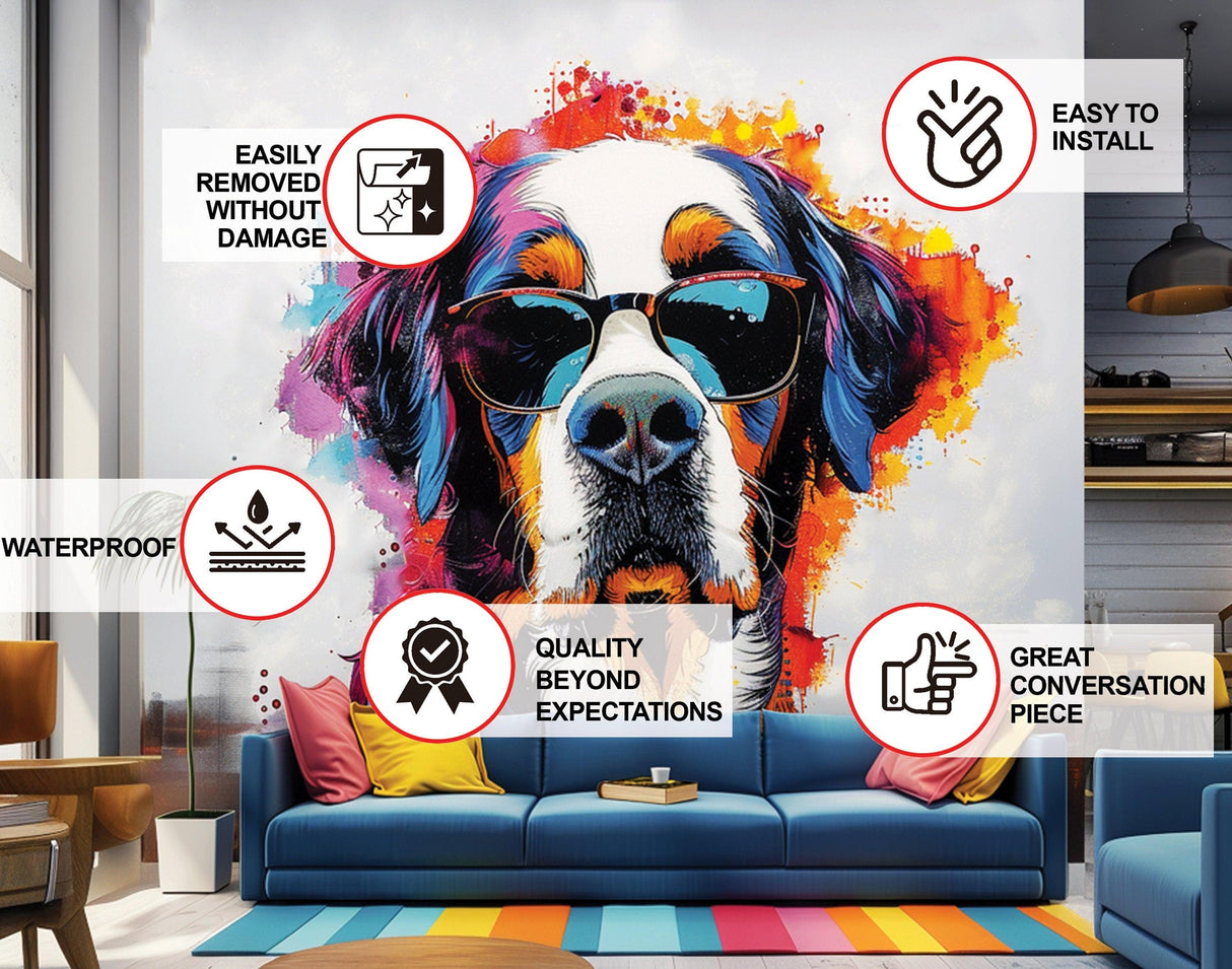 Colorful St. Bernard wall decal with glasses, vibrant watercolor art for stylish home decor.