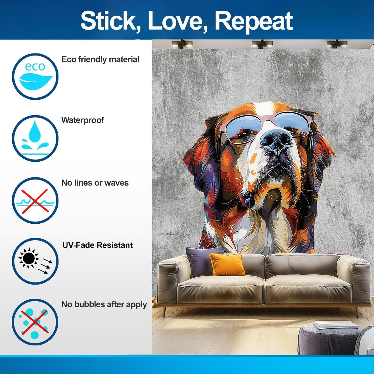 Watercolor St. Bernard wall decal showcasing eco-friendly, waterproof design and easy application features.