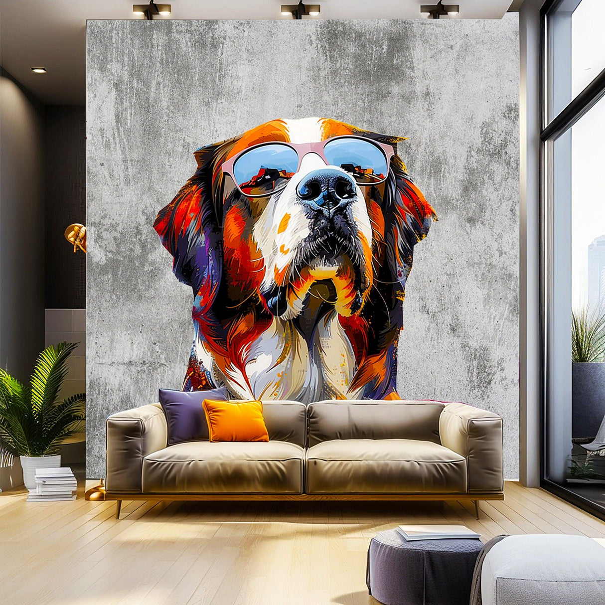 Vibrant St. Bernard wall decal with glasses in modern living room setting, showcasing colorful watercolor art.