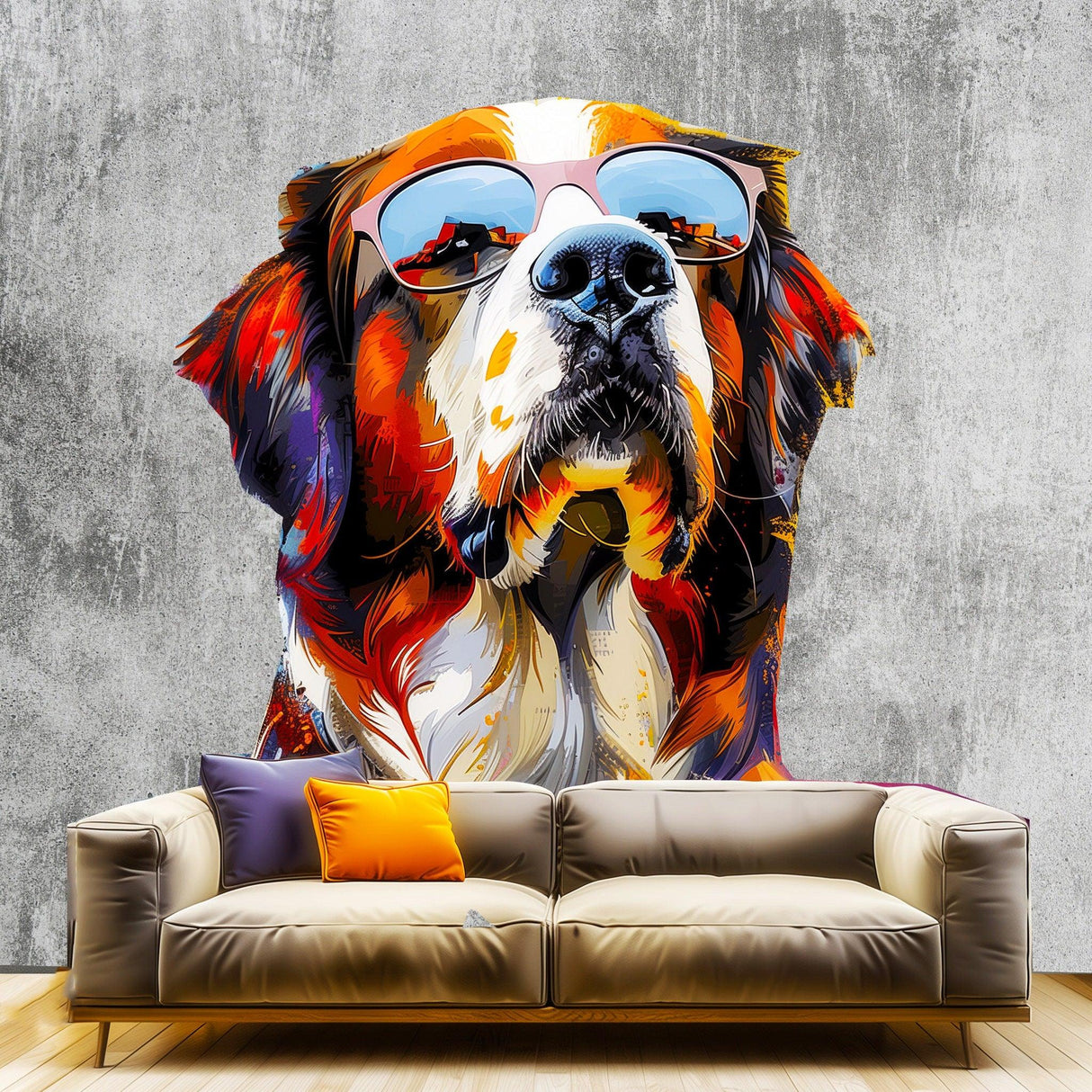 Colorful watercolor St. Bernard wall decal with glasses above a modern sofa in a stylish interior.