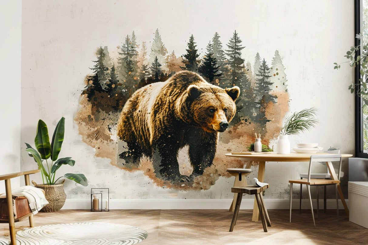 Bear wall sticker in forest setting, textured art vinyl nature decal for home decor, 45 x 45 inches mural.