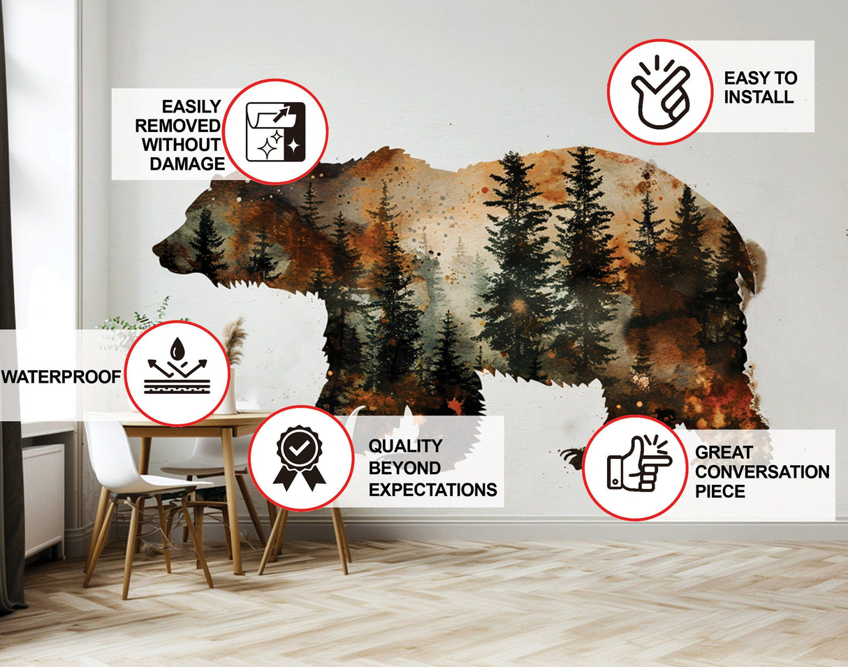 Autumn Forest Bear Silhouette Wall Sticker in a rustic living room, showcasing waterproof and easily removable features.