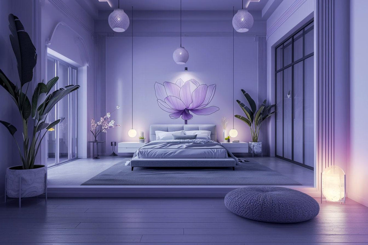Stylish bedroom featuring a large purple lotus flower wall decal, enhancing tranquility and modern floral decor.