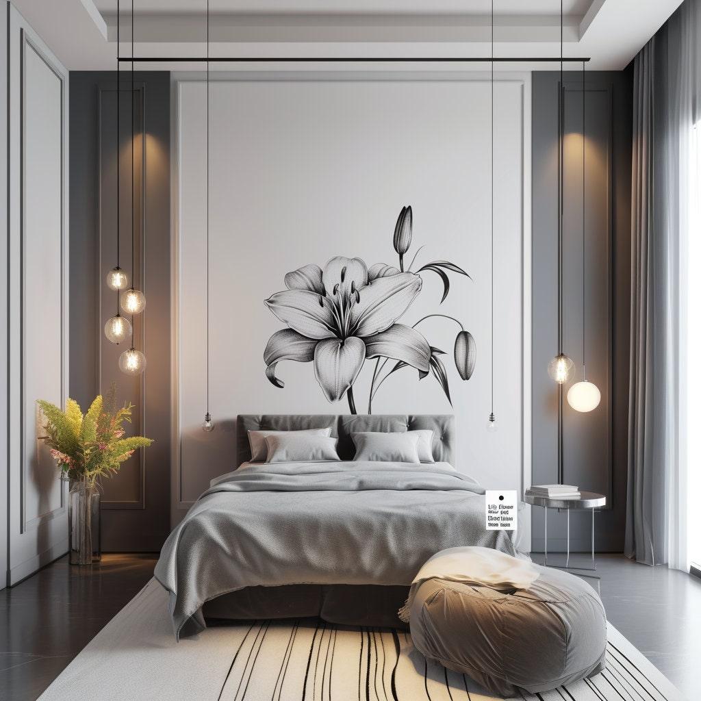 Classic black and white lily bloom wall sticker in an elegant bedroom setting, enhancing decor with floral beauty.