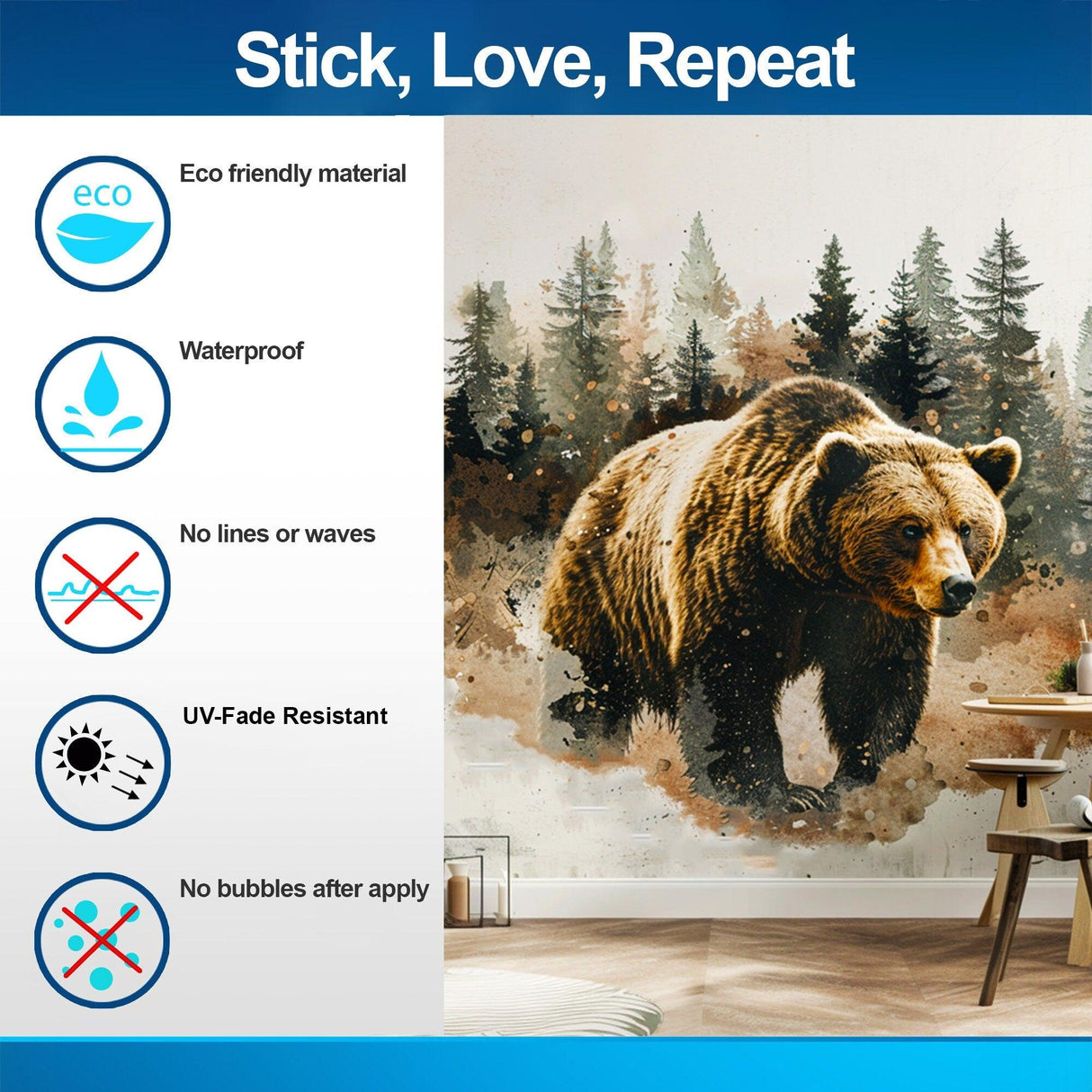 Bear in forest wall sticker features eco-friendly, waterproof, UV-fade resistant design for lasting nature decor.