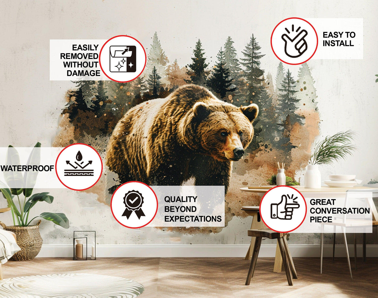Bear in forest wall sticker displayed in modern living room, featuring installation benefits and stylish design.