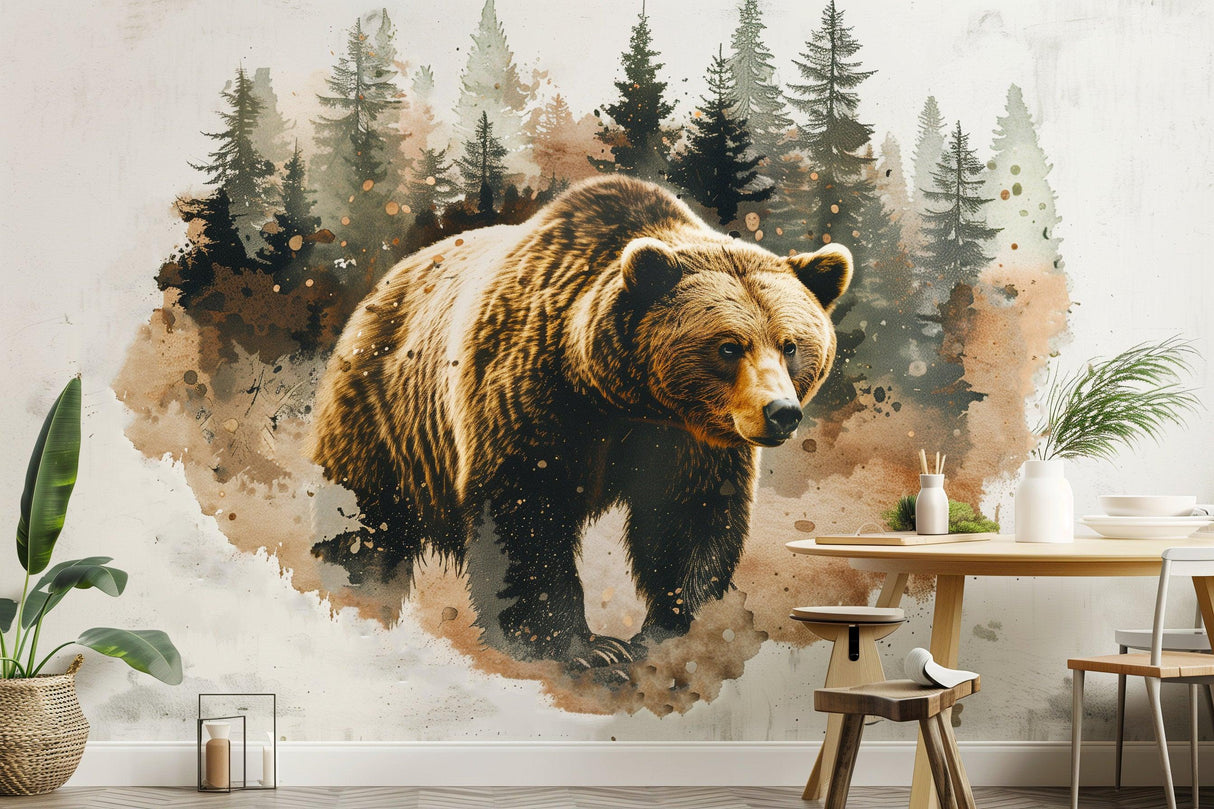 Bear in forest wall sticker mural, textured art vinyl decal bringing nature into living space.
