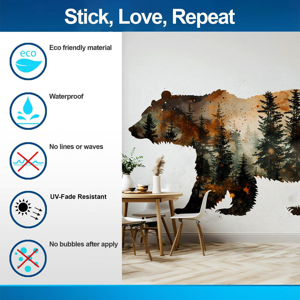 Autumn forest bear silhouette wall sticker on a rustic wall, showcasing eco-friendly features and nature-inspired decor.