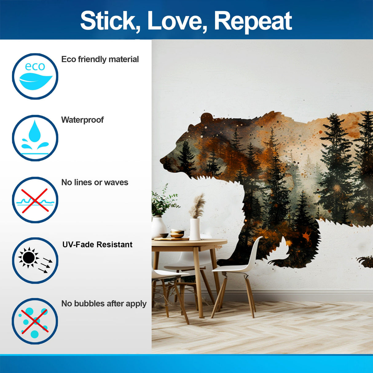 Autumn Forest Bear Silhouette Wall Sticker - Majestic Woodland Scene Bruin Nature Vinyl Decal for Rustic Home Decor