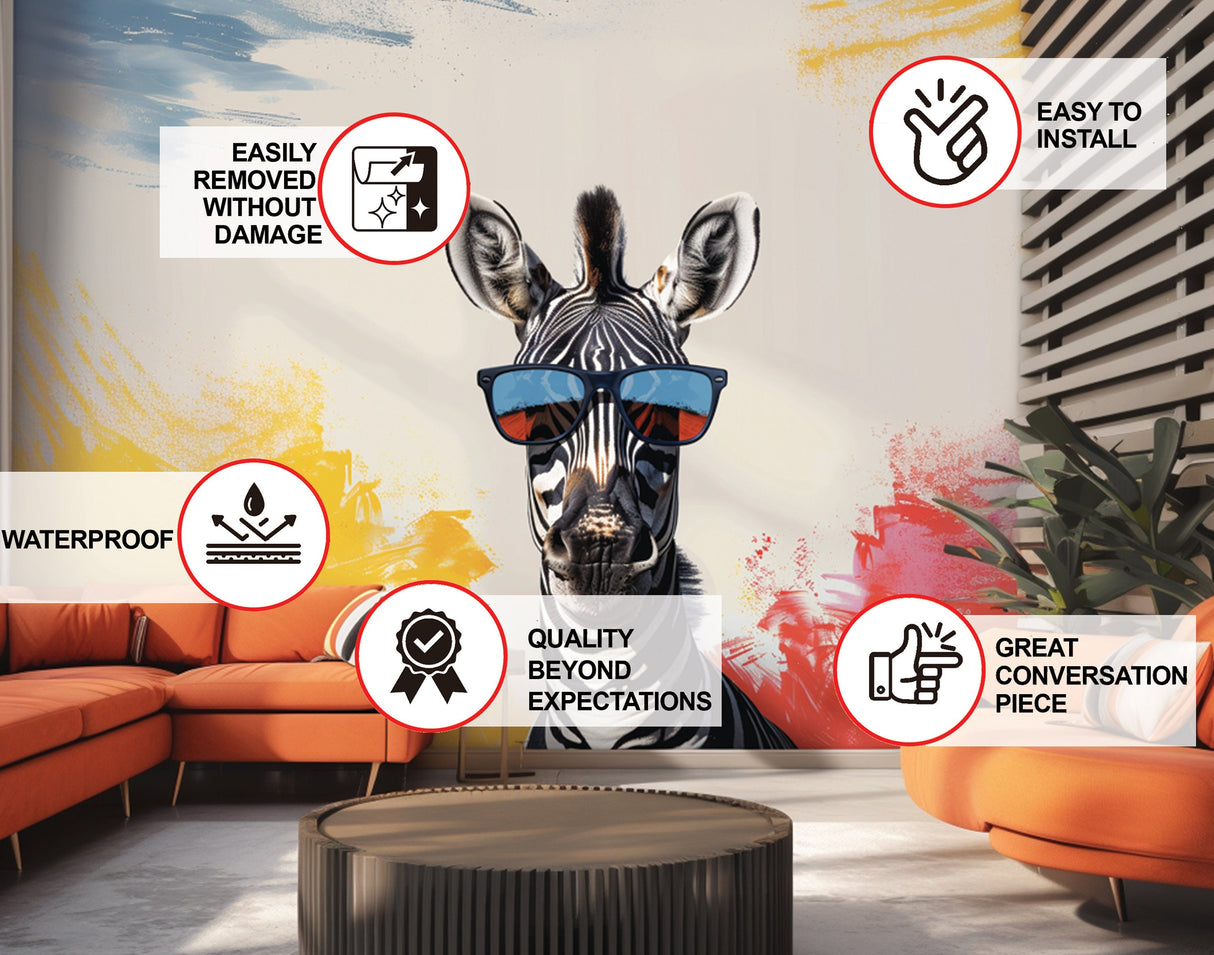 Funky Zebra with Sunglasses Wall Decal - Vibrant Modern Animal Art Sticker for Home Decor
