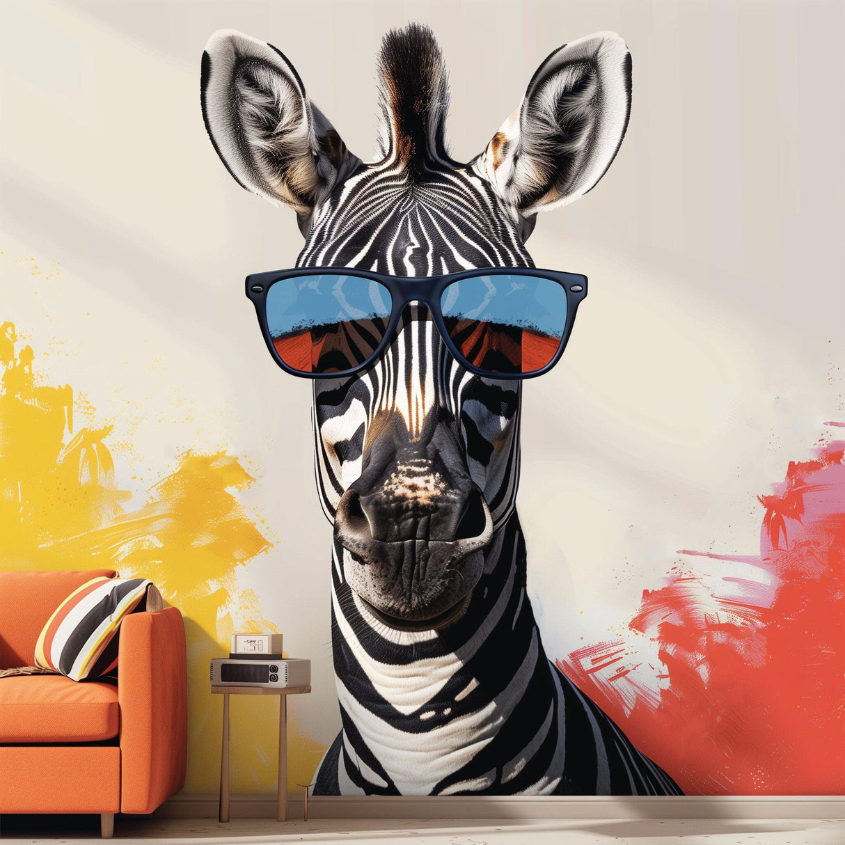Funky zebra wall decal with blue sunglasses on colorful backdrop, ideal for modern home decor.