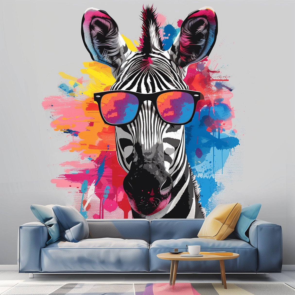 Colorful zebra wall decal with sunglasses, vibrant watercolor design for playful toddler room decor.