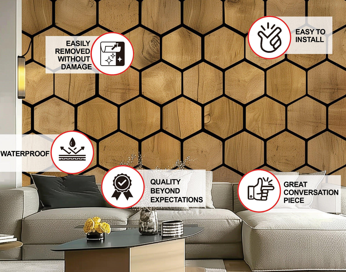 Hexagon wallpaper decals featuring wooden design with black borders, showcasing easy installation and waterproof features.