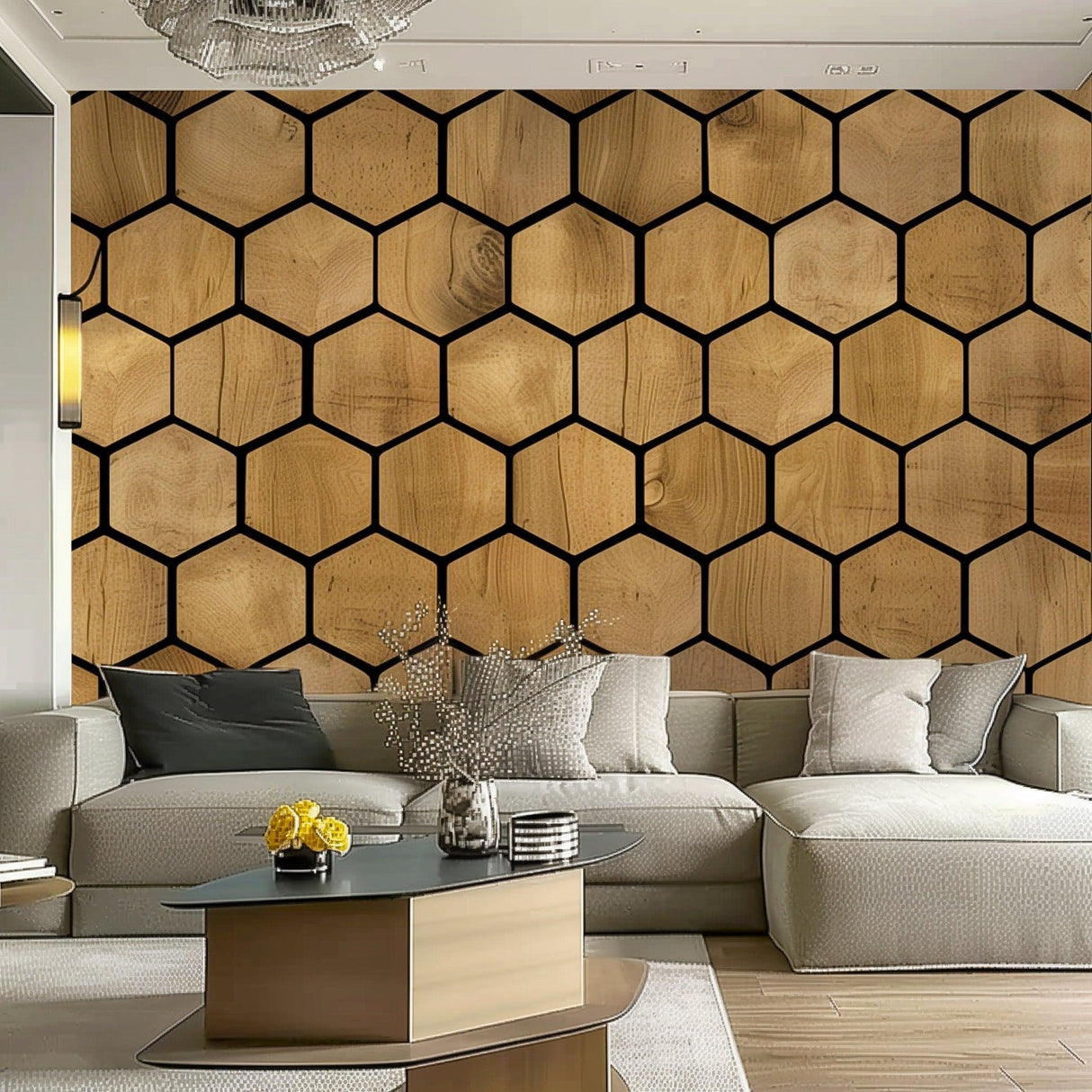 Hexagon wallpaper decals featuring a wooden design with black accents, enhancing modern room decor.