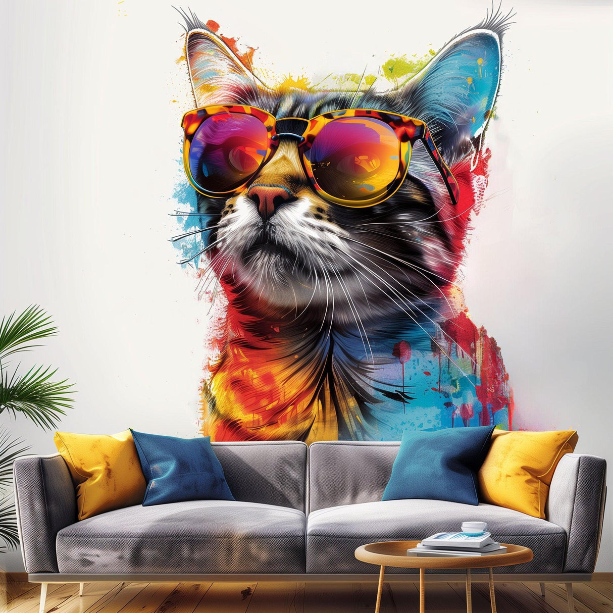 Colorful Maine Coon cat wall sticker with sunglasses, vibrant animal decor for modern living spaces.