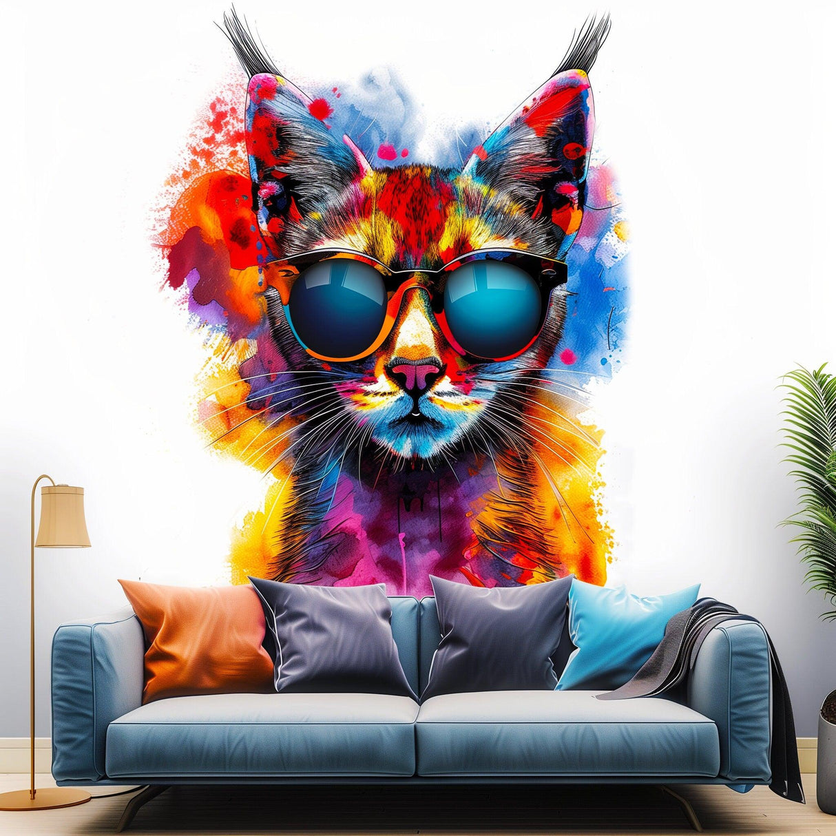 Vibrant Maine Coon cat wall sticker wearing sunglasses, colorful modern art decal for home decor.