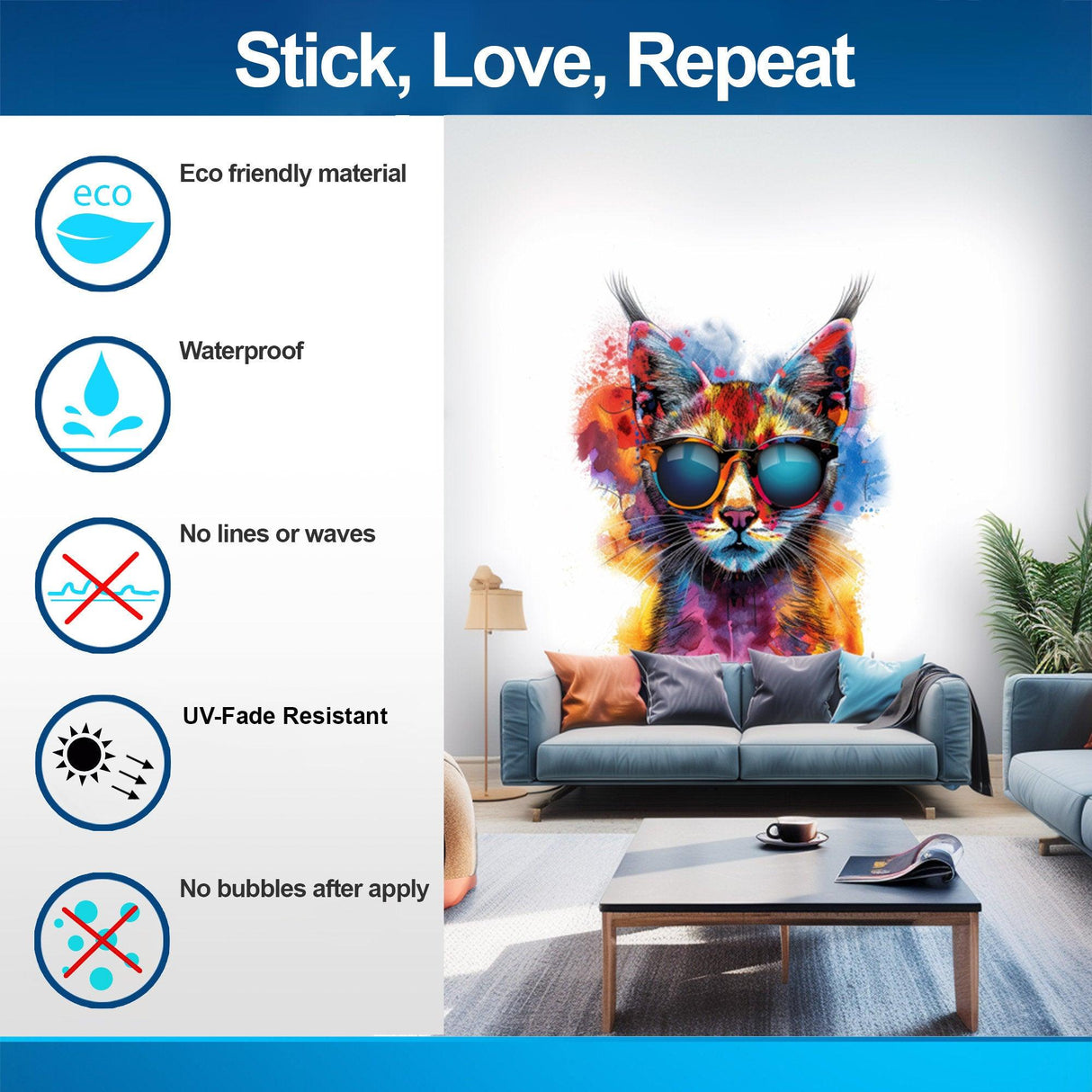 Vibrant Maine Coon cat wall sticker with sunglasses in modern living room decor, showcasing eco-friendly features.