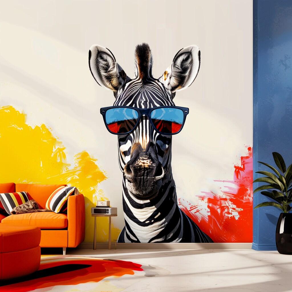 Funky zebra with blue sunglasses wall decal in vibrant room decor, modern animal art for home decoration.