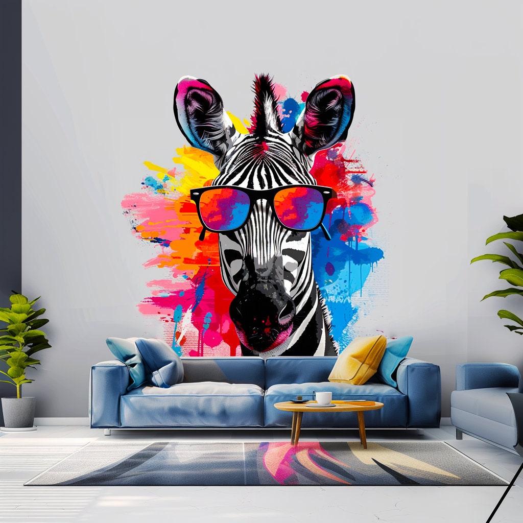 Colorful watercolor zebra wall decal with sunglasses in a modern living room setting, vibrant decor for kids.