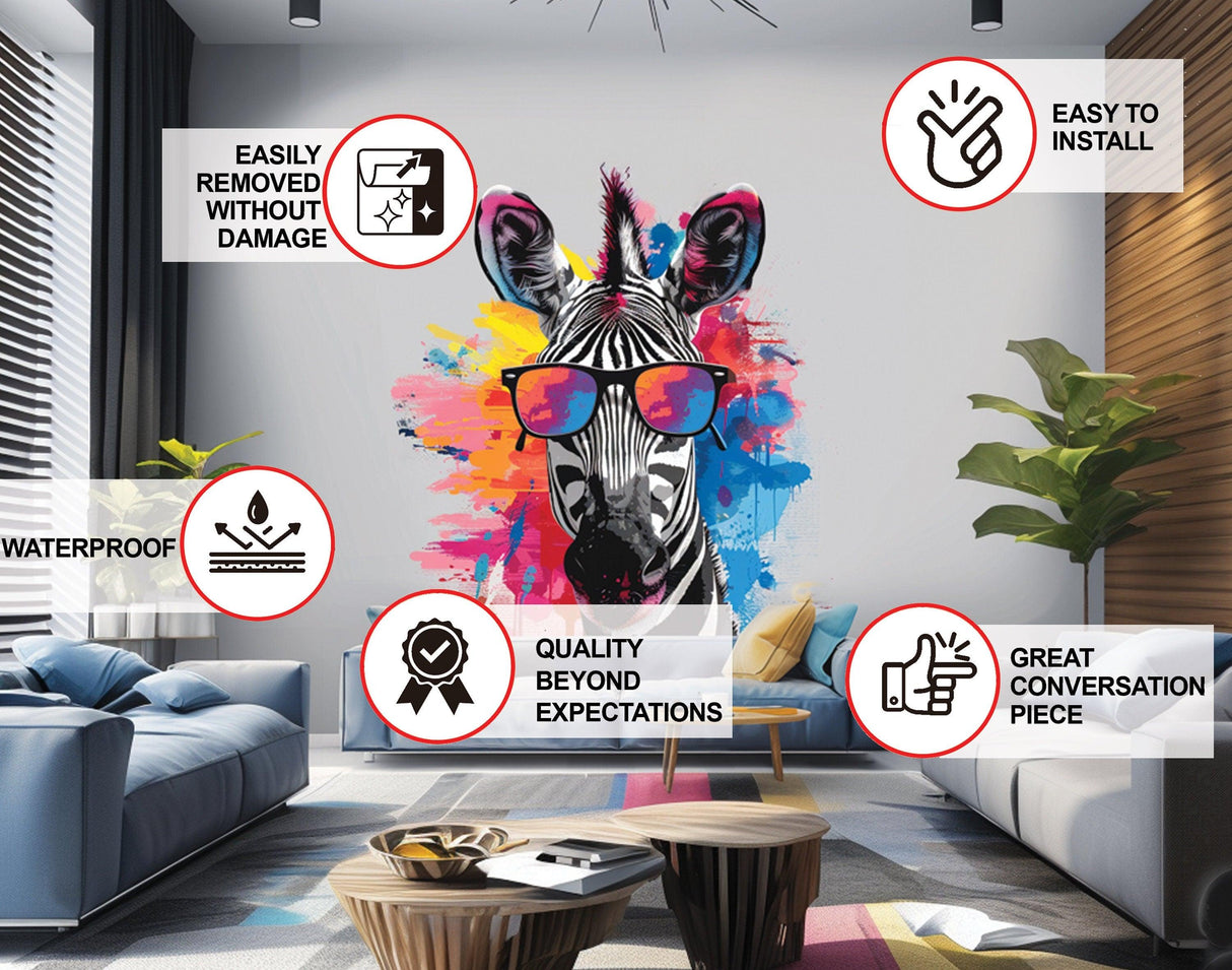 Colorful zebra wall decal in a modern living room, featuring vibrant splashes and playful sunglasses, perfect for kids' decor.