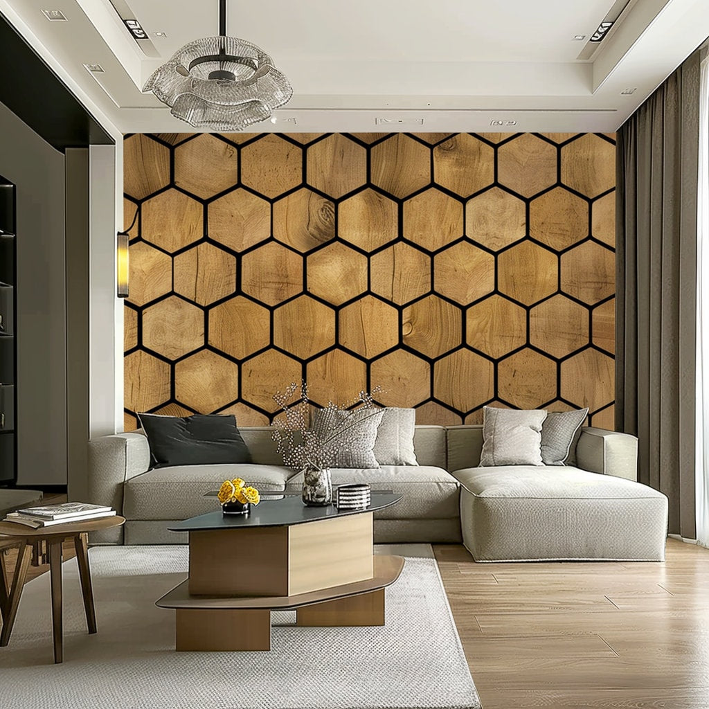 Hexagon Wallpaper Decals - Self-Adhesive Wooden Hexagon Wall Design, Black and Wood Design Honeycomb Stickers, Modern Geometric Room Decor