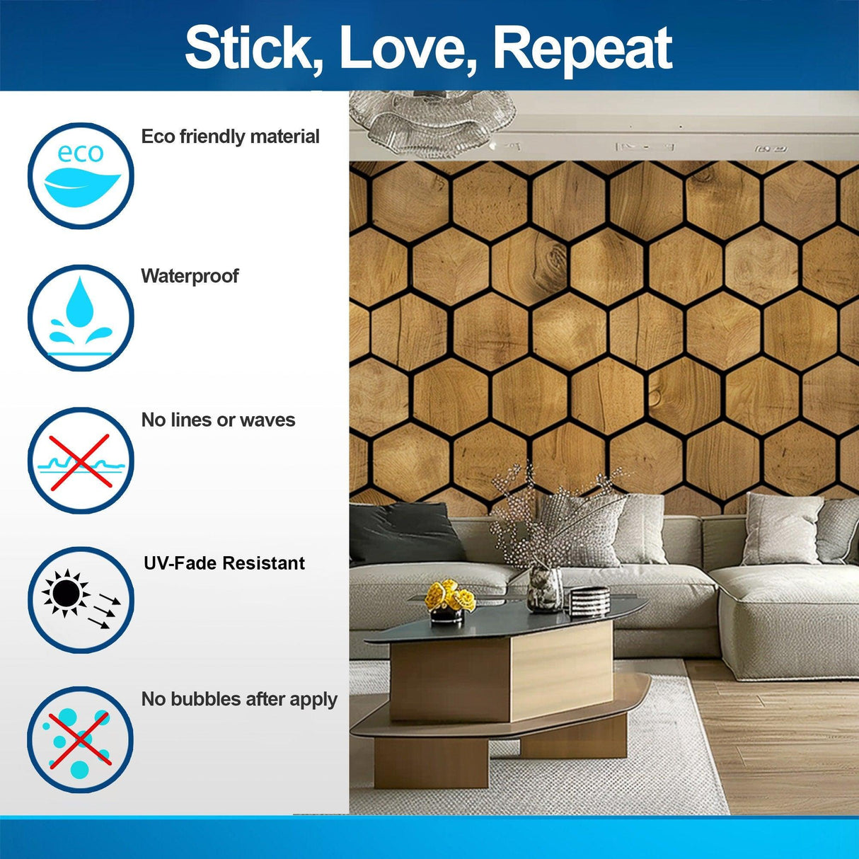 Eco-friendly hexagon wallpaper decals featuring wood design, waterproof and UV-fade resistant with no bubbles after application.