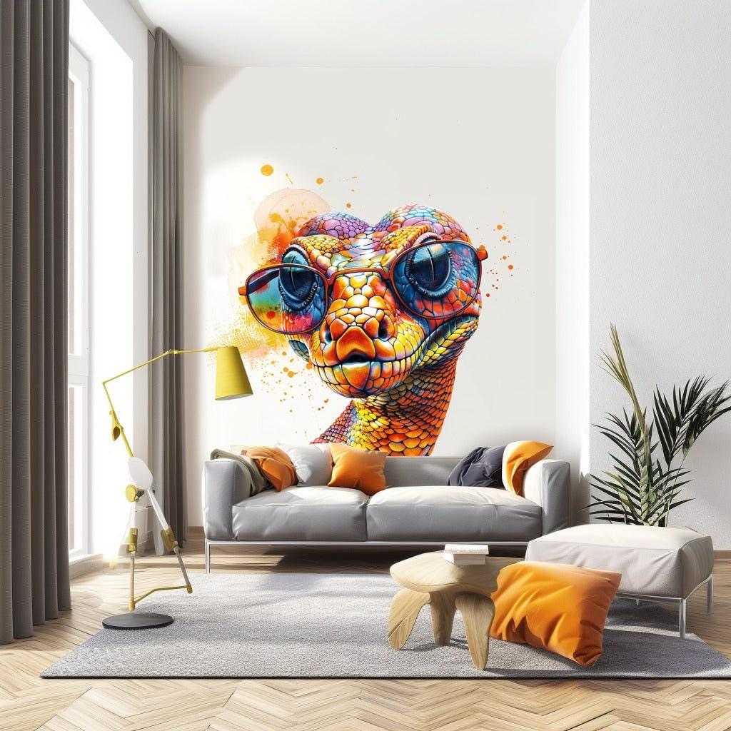 Vibrant orange snake with glasses wall decal in stylish living room decor.