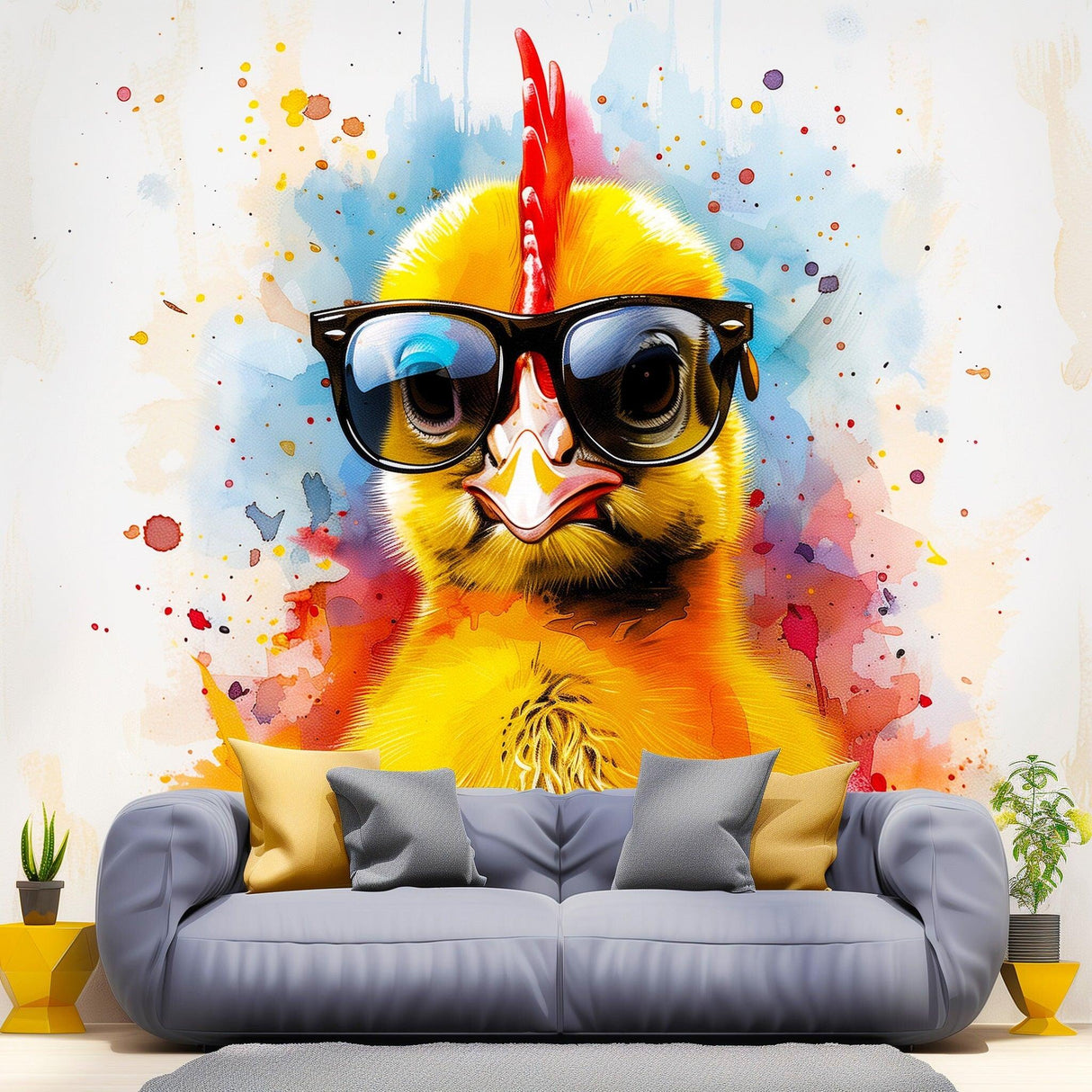 Vibrant watercolor wall decal of a cute baby chicken with glasses, perfect for children's rooms.