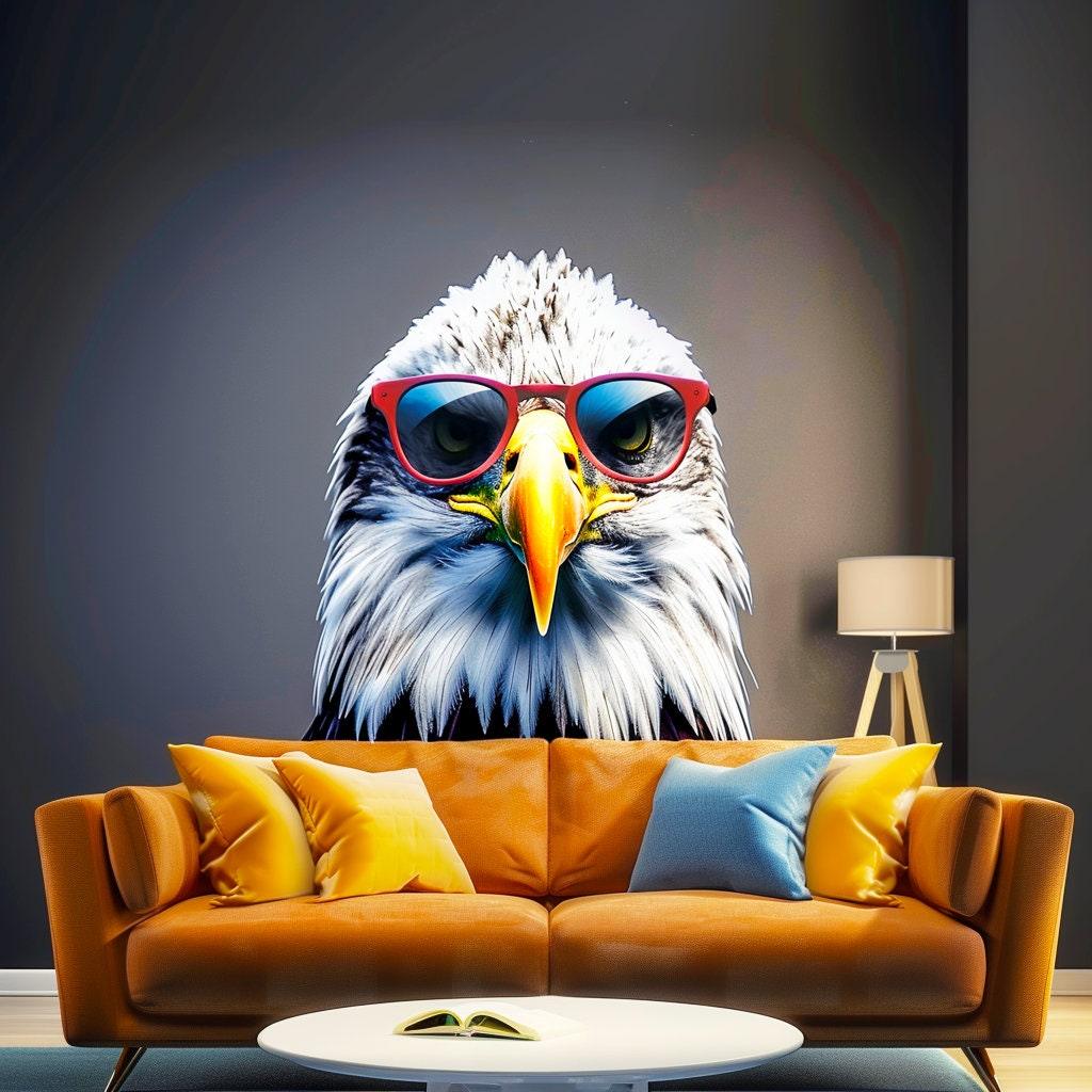 Wise bald eagle with glasses wall decal on a stylish wall above an orange couch.