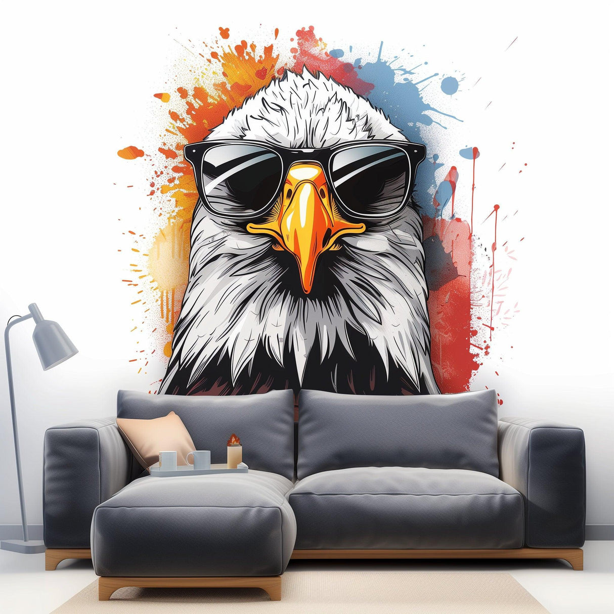 Serious bald eagle with sunglasses wall sticker decor in a stylish living room setting.